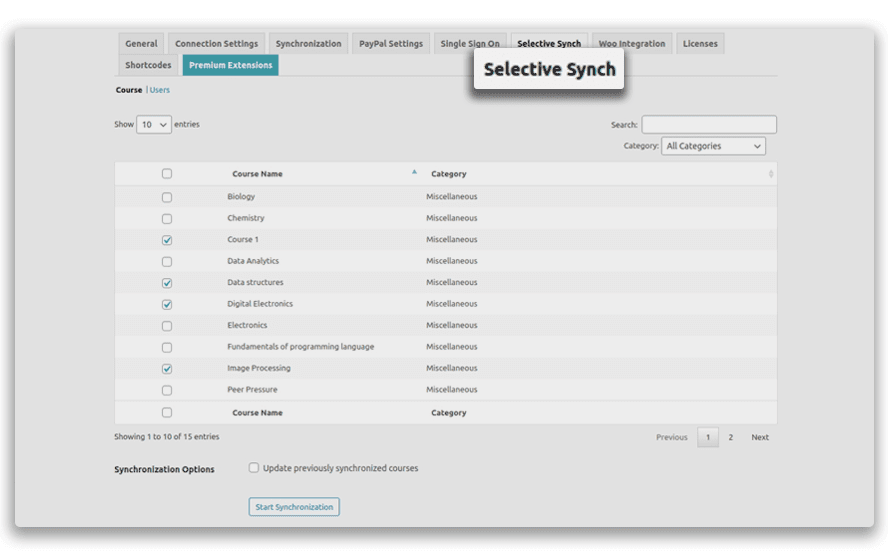 Selectively synchronizes Moodle courses over to Wordpress