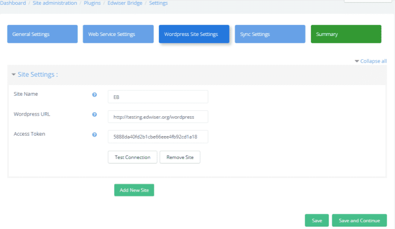 EB moodle Wordpress settings