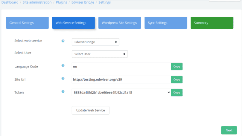 EB moodle web service settings